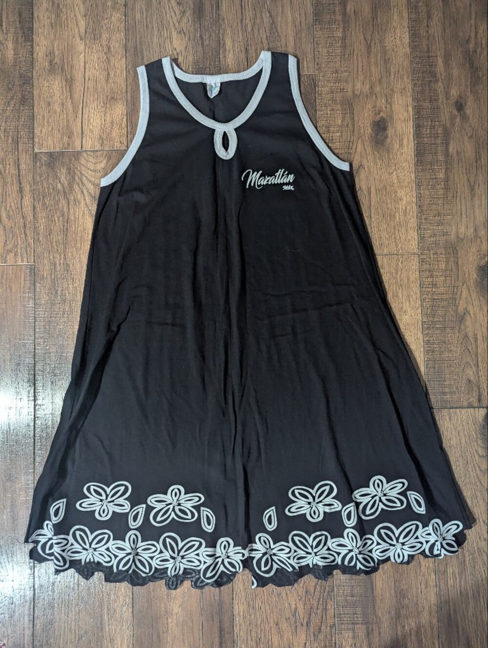 D'Alex Black Midi Jersey Dress White Floral Cutout Hemline One Size Cotton Mex